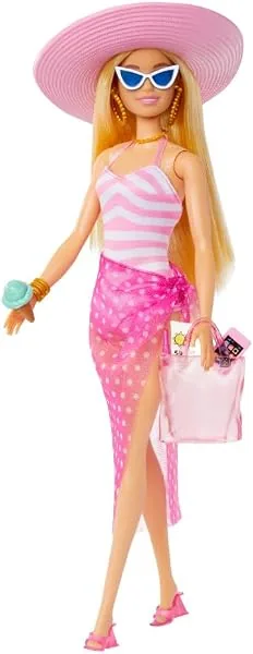 Boneca Barbie Dia de Praia, com maiô, canga e acessórios de verão