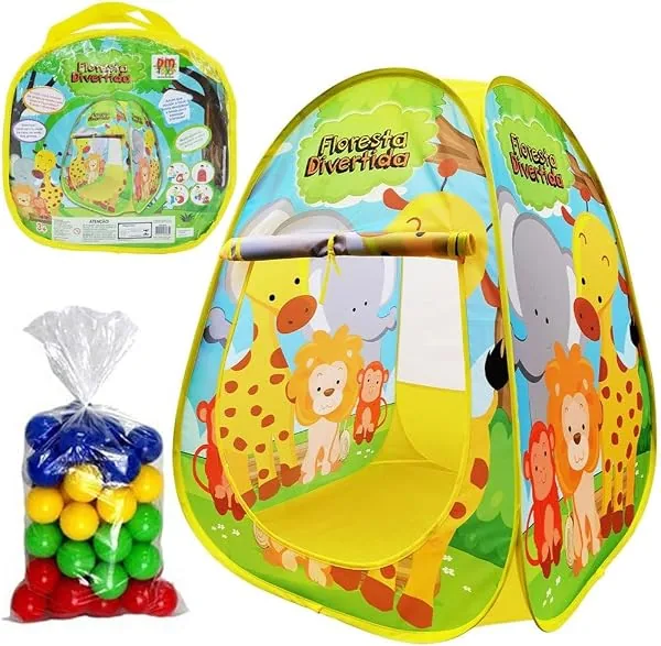 Toca barraca infantil dobrável tema floresta, com bolsa de transporte e 25 bolinhas