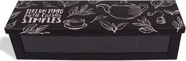 Geguton - Caixa Chá Coisas Simples - Aço com 3 Divisórias e Viseira - Organização e Decoração - Preta