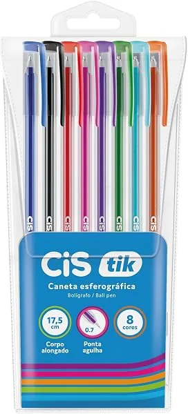 CIS TIK Caneta Esferográfica 0,7 mm, Estojo com 8 Cores Sortidas