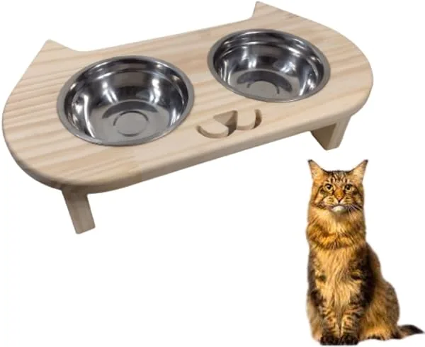 Comedouro Elevado para Gatos, 2 Tigelas em Aço Inox, Base em Madeira, Tamanho Pequeno