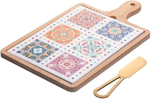 WOLFF - Conjunto 3 Peças para Queijo com Bandeja de Bambu, Faca Dourada e Tábua Ladrilho 29x17x1,5 cm