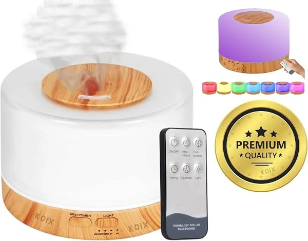 Difusor de Aromas e Umidificador Ultrassônico 500 ml com Luz LED Colorida e Controle Remoto