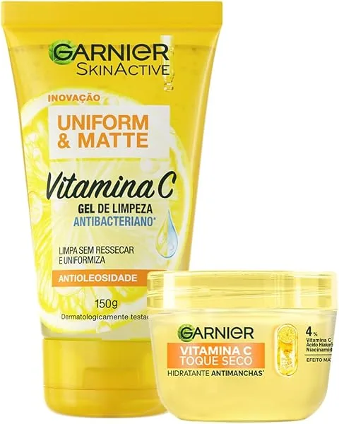 Garnier Uniform & Matte, Kit Skincare Gel de Limpeza e Hidratante com Vitamina C, Ação Antioleosidade e Uniformizadora