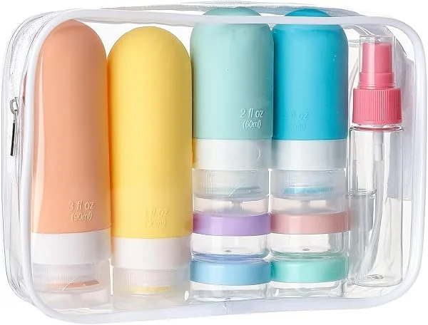 Kit de Frascos de Viagem, 17 Itens, Silicone e Plástico, com Necessaire Transparente, 60 ml e 90 ml