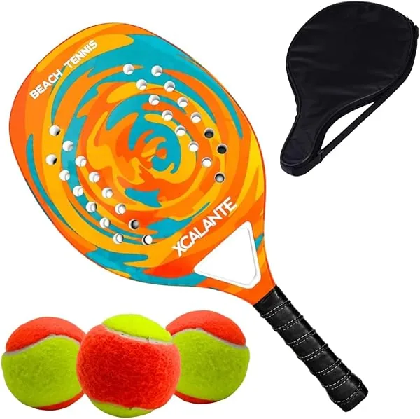 Kit Raquete de Beach Tennis em Fibra de Carbono, com capa protetora e 3 bolas