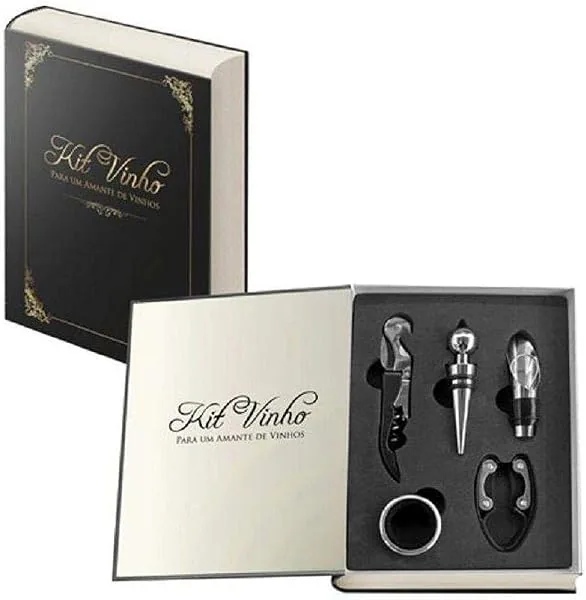 Kit para Vinho Livro Preto 5 Peças, UNY Gift