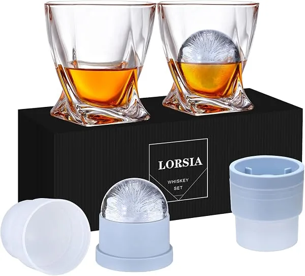 LORSIA Conjunto de Whiskey Rocks: 2 copos de cristal de 325 ml e 2 moldes de gelo redondos