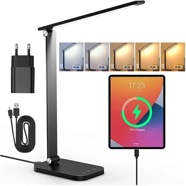 Luminária de Mesa LED com Dupla Alimentação Tomada e USB, 50 LEDs 320 Lm, Dimerização 3000K-6000K, Timer 45 min