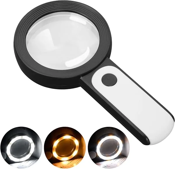 JMH Lupa com luz, grande lupa portátil de 18 LEDs, luz fria e quente com 3 modos