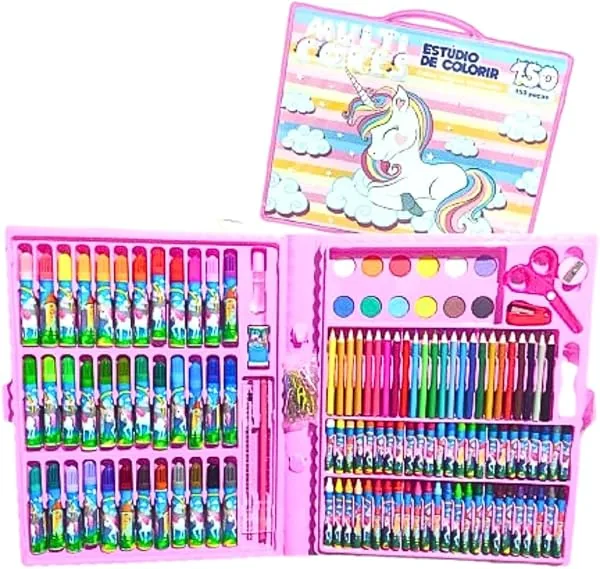 Maleta de pintura e desenho infantil com 150 peças, com canetinhas, lápis de cor, giz e tinta