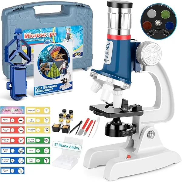 Kit de microscópio infantil de 58 peças, ampliação 100x a 1200x, corpo de metal, com maleta