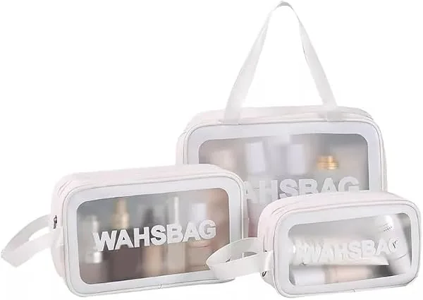 Kit 3 Necessaire Feminina Viagem Praia PVC Impermeável Zíper Grande Espaçosa Bolsa Organizadora Cosméticos
