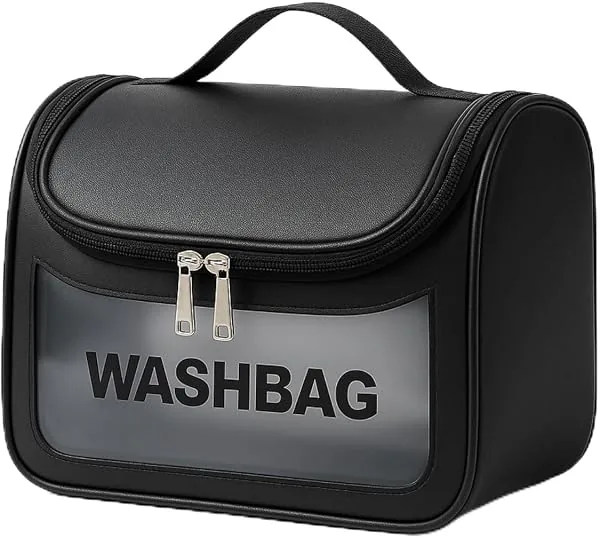 Necessaire Feminina Transparente Viagem Bolsa para Cosméticos, Maquiagem e Higiene Pessoal, com Zíper, Impermeável (Preto)