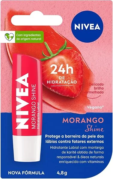 NIVEA Hidratante Labial Morango Shine 4,8 g, hidratação intensa 24h