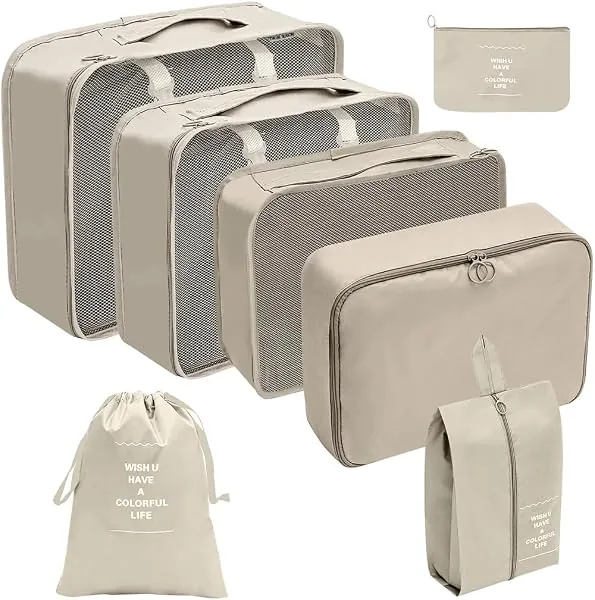 Organizador Viagem Kit 7 Peças - Necessaire para Bagagem Malas Roupas Bolsa Cosméticos Higiene - Dobrável Impermeável