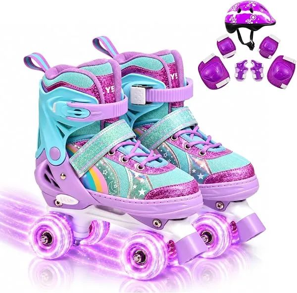Patins infantil quad de 4 rodas, tamanho ajustável, com rodas iluminadas