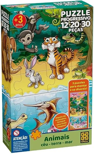 GROW Quebra-Cabeça 30 Peças Progressivo Animais Céu, Terra e Mar, a partir de 3 anos