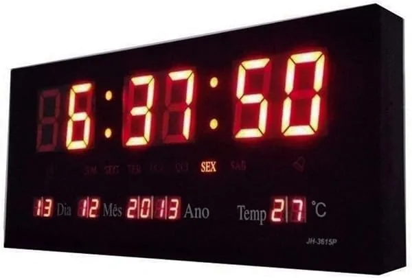 Relógio de Parede LED Digital com Termômetro, Data e Hora, 36 x 15 cm