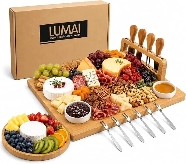 LUMAI Kit Tábua de Frios Bambu Premium e Petisqueira com Polimento Duplo