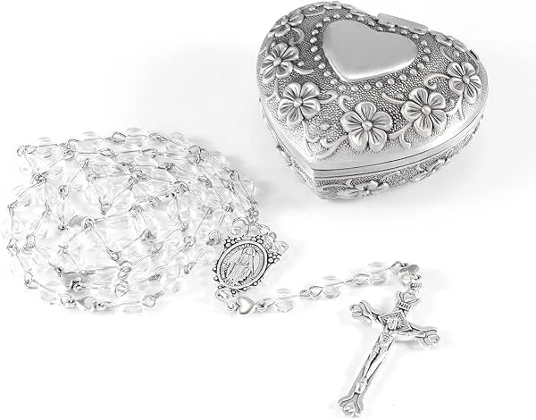 Terço Católico de Cristal com Caixa de Metal