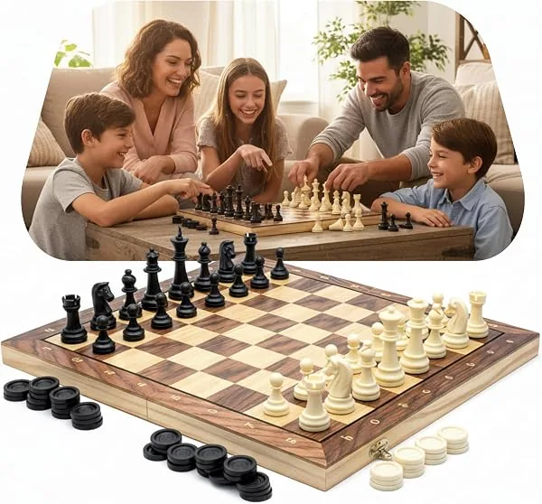 Jogo Xadrez 3 em 1 Magnético com Damas Gamão Tabuleiro Dobrável 39x39 cm