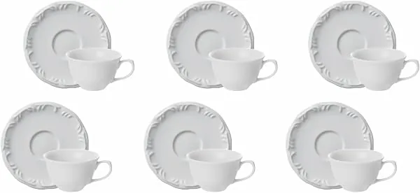 Porcelana Schmidt Pomerode com Relevo, Estojo com 6 Xícaras de Café com Pires, 85 ml, Sem Pé, Branca
