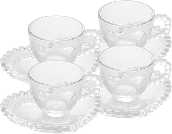 WOLFF - Conjunto 4 Xícaras de Café de Cristal com Pires Coração 85ml - Linha Pearl