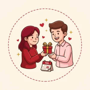 Presente de 1 Mês de Namoro: 10 Ideias que Cabem no Tempo de Vocês Ilustração em estilo cartoon de casal jovem sorrindo com caixinha de presente e calendário com data marcada — presente de 1 mês de namoro