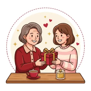 Ilustração em estilo cartoon de sogra recebendo presente da nora, com xícara de chá e vela na mesa — presente para sogra