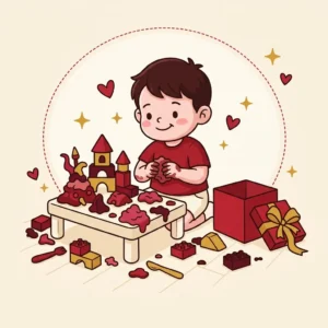 Presente para Criança de 3 Anos: 10 Ideias que Viram Brincadeira Ilustração em estilo cartoon de criança de três anos brincando com massinha e blocos no chão — presente para criança de 3 anos