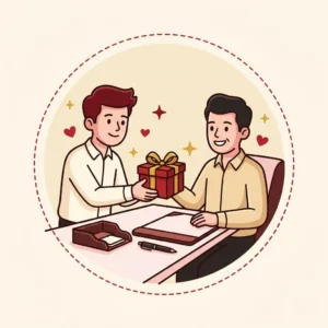 Presente para Chefe: 10 Ideias que Não Constrangem Ninguém Ilustração em estilo cartoon de funcionário entregando presente discreto ao chefe sobre a mesa do escritório — presente para chefe