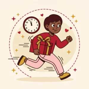 Presente de Última Hora: 10 Opções que Chegam Prontas para Entregar Ilustração em estilo cartoon de pessoa correndo com presente embrulhado e relógio de parede ao fundo — presente de última hora