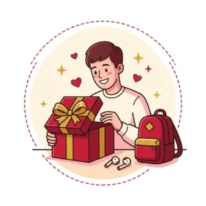 Ilustração em estilo cartoon de namorado sorrindo ao abrir presente, com fones e mochila ao lado — presente para namorado