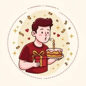 Presente de Aniversário para Namorado: 10 Ideias para o Dia Dele Ilustração em estilo cartoon de rapaz soprando vela de bolo segurando presente, com confete dourado no ar — presente de aniversário para namorado