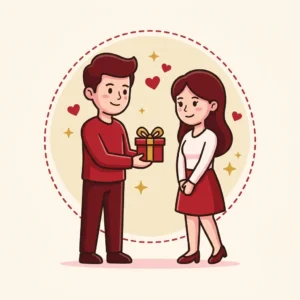 Presente para Namorado Recente: 10 Ideias para os Primeiros Meses Ilustração em estilo cartoon de casal recente sorrindo a uma distância respeitosa, com presente pequeno — presente para namorado recente