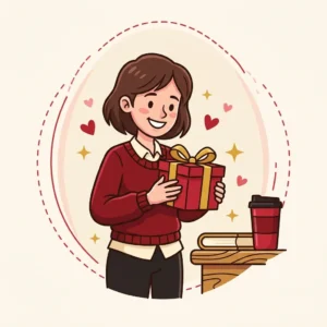 Presente para Namorada: 10 Ideias que Não São Clichê Ilustração em estilo cartoon de namorada segurando presente ao lado de livro e copo térmico, sem flores — presente para namorada