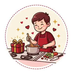 Presente para Quem Gosta de Cozinhar: 10 Opções com Nota e Defeito Ilustração em estilo cartoon de cozinheiro sorrindo mexendo uma panela, com caixa de presente vermelha ao lado — presente para quem gosta de cozinhar