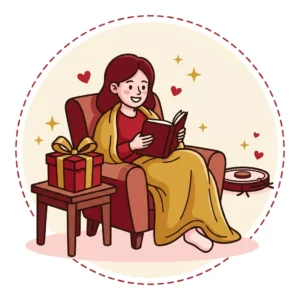 Ilustração em estilo cartoon de esposa relaxando em poltrona com manta e livro, robô aspirador ao fundo — presente para esposa