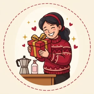 Ilustração em estilo cartoon de mãe abraçando caixa de presente com cafeteira e hidratante sobre a mesa — presente para mãe