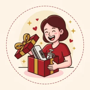 Ilustração em estilo cartoon de mãe rindo de surpresa ao abrir presente inesperado de cozinha — presente dia das mães criativo