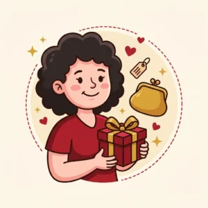 Ilustração em estilo cartoon de mãe sorrindo com presente pequeno bem embrulhado e moedas ao lado — presente para mãe barato