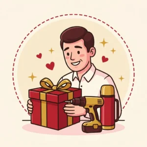 Ilustração em estilo cartoon de pai surpreso recebendo presente, com parafusadeira e garrafa térmica — presente para pai