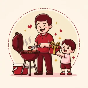 Ilustração em estilo cartoon de pai na churrasqueira recebendo presente do filho, com caixa térmica ao lado — presente dia dos pais