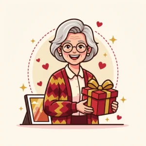 Ilustração em estilo cartoon de avó de cabelo grisalho sorrindo com presente e porta-retrato digital — presente para avó