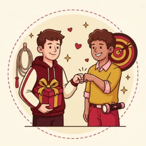 Presente para Amigo Homem: 10 Ideias sem Forçar Intimidade Ilustração em estilo cartoon de dois amigos batendo os punhos, um com presente, lanterna e alvo ao fundo — presente para amigo homem