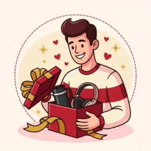 Ilustração em estilo cartoon de homem sorrindo ao abrir presente com caneca térmica e fone, sem gravata — presente para homem