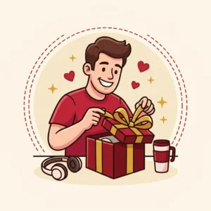 Presente para Marido: 10 Ideias com Nota, Preço e Defeito Ilustração em estilo cartoon de homem abrindo uma caixa de presente vermelha com fone e caneca térmica ao lado — presente para marido