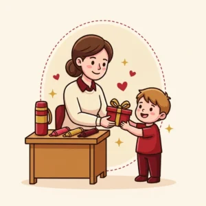 Presente para Professora: 10 Ideias que Ela Pode Aceitar sem Constrangimento Ilustração em estilo cartoon de professora recebendo presente discreto de aluno, com marca-textos na mesa — presente para professora