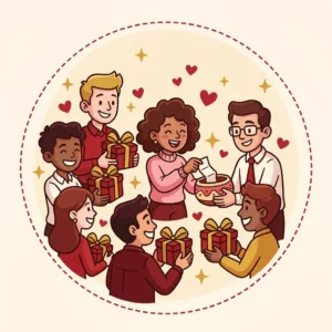 Presente Amigo Secreto: 10 Ideias Boas até R$ 100 Ilustração em estilo cartoon de colegas trocando presentes iguais em roda, um sorteando nome numa tigela — presente amigo secreto